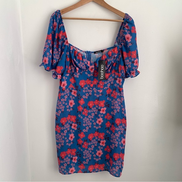 NWT Boohoo Floral Puff Sleeve Mini Dress - Picture 5 of 11